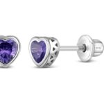 CZ February Birthstone Heart Girls Earrings