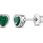 CZ May Birthstone Heart Girls Earrings