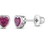 CZ July Birthstone Heart Girls Earrings