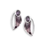 Sterling Silver Contoured Leaf Stud Earrings-Purple. Amethyst.