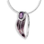 Nicole Barr Sterling Silver Contoured Leaf Necklace-Purple. Amethyst.
