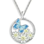 Blue Butterfly With Daisies Necklace. Sterling Silver