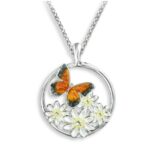 Orange Butterfly With Daisies Necklace. Sterling Silver