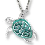 Green Plique-A-Jour Turtle Necklace. Sterling Silver-White Sapphire