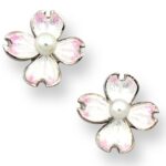 Small White Dogwood Post Earrings. Sterling Silver-Akoya Pearls