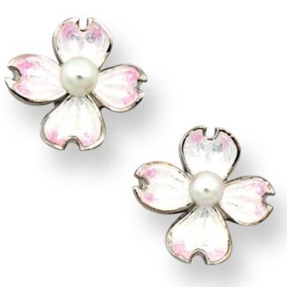 Small White Dogwood Post Earrings. Sterling Silver-Akoya Pearls