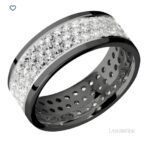 Black Zirconium 8mm flat band featuring a 6mm inlay of silver and 3 rows of .03ct, round lab diamonds.