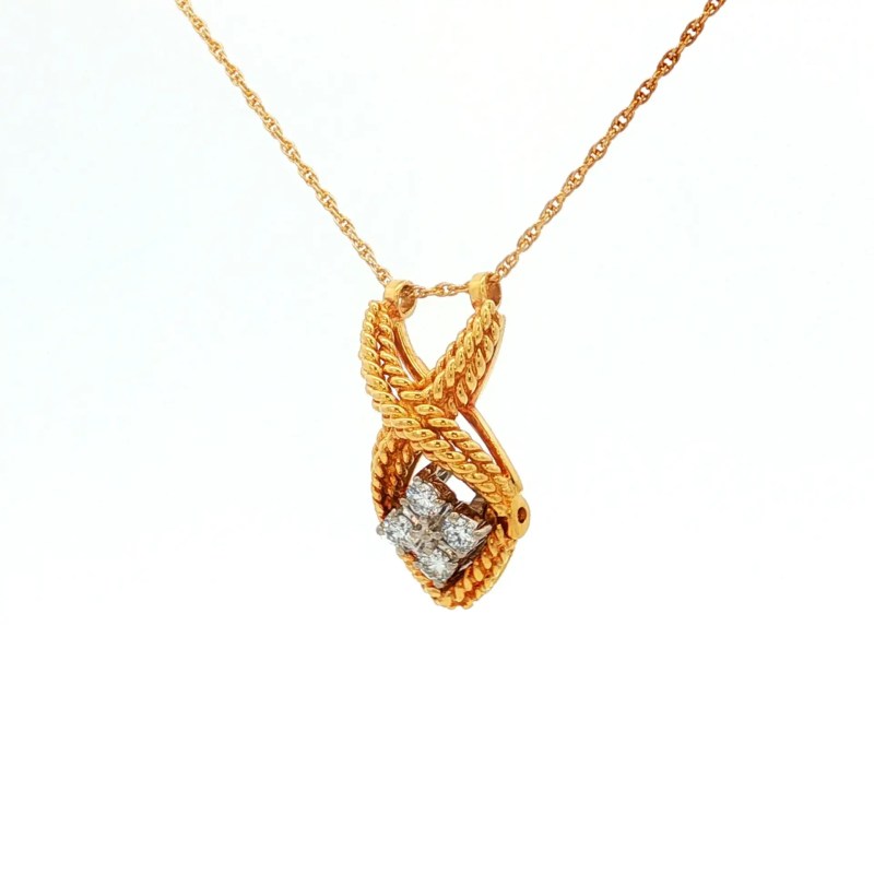 18k Yellow Gold Estate Twisted Rope Diamond Cluster Pendant