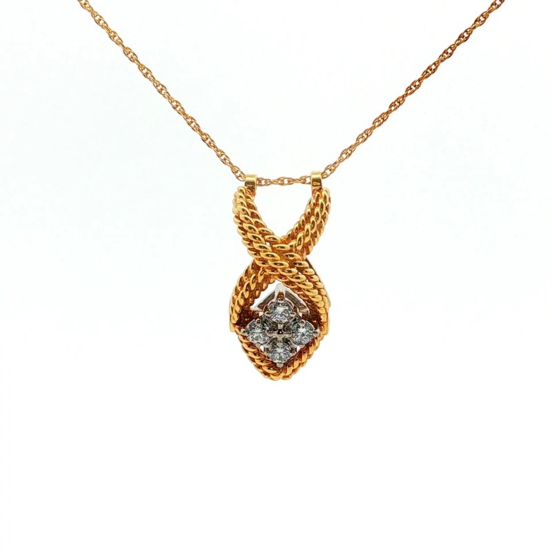 18k Yellow Gold Estate Twisted Rope Diamond Cluster Pendant