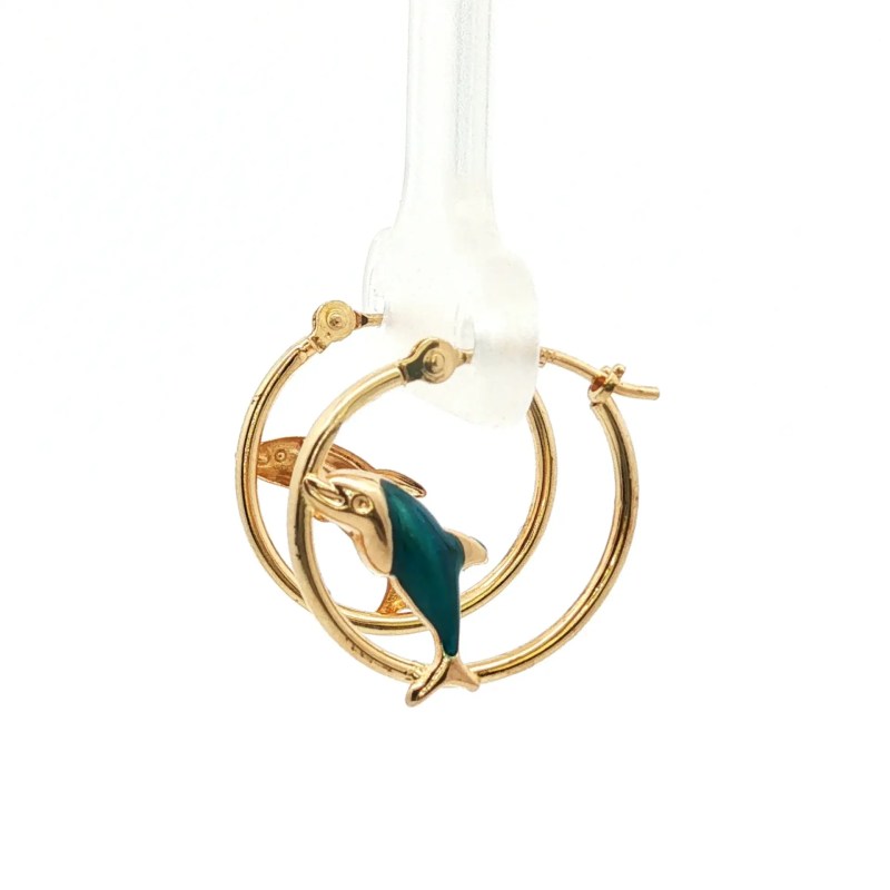 Estate 14k Yellow Gold Enamel Dolphin Hoop Earrings