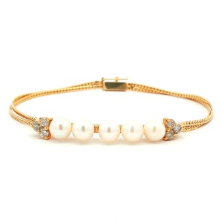 Estate 14k Yellow Gold Pearl and Diamond Bracelet