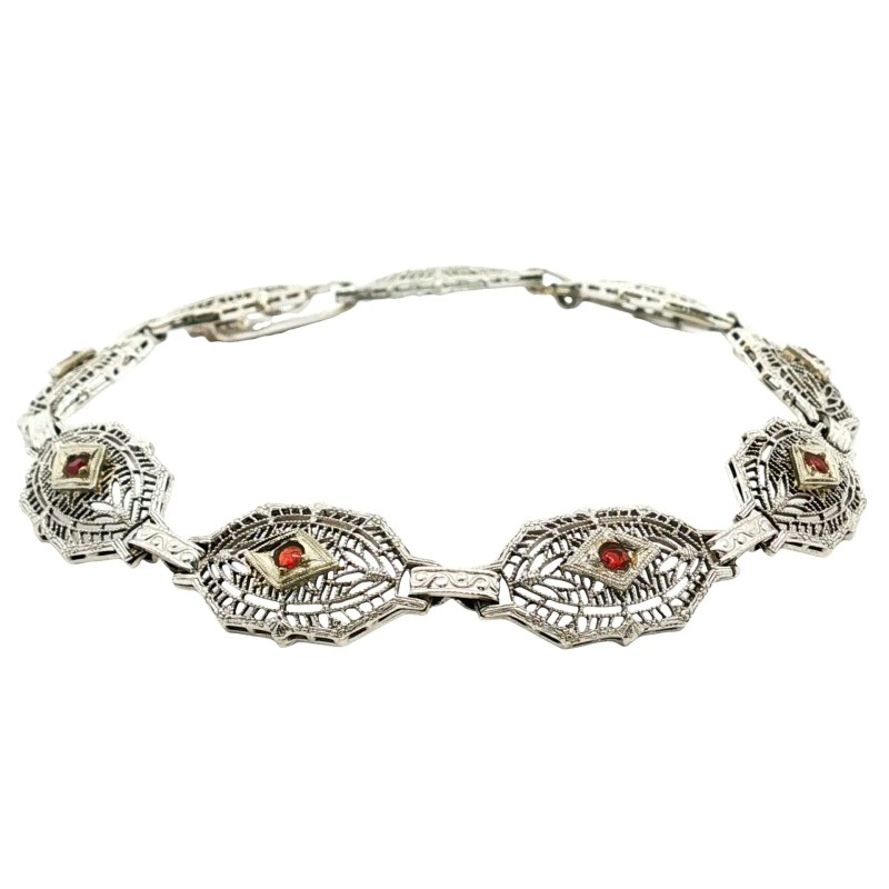 Estate Art Deco 14k White Gold Garnet Bracelet with Platinum Plating