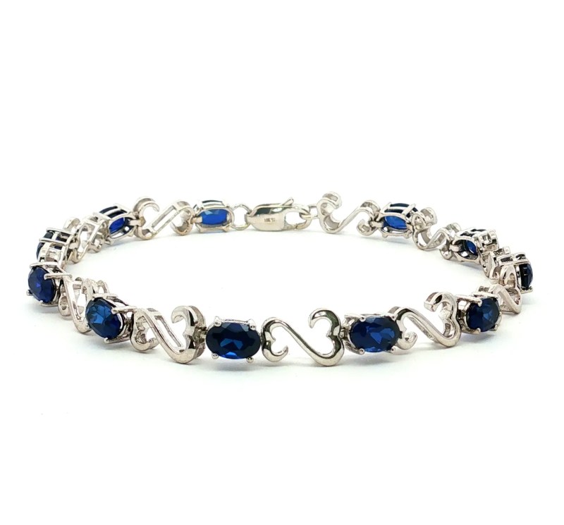 Estate 10k White Gold Double-Heart Linked Lab Grown Sapphire Bracelet