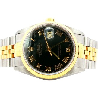 Pre-owned Rolex 36mm Datejust, Black Pyramid Roman Dial, Steel & Gold, 16233, 1992, Papers-Yes, Box-NO, Condition Excellent