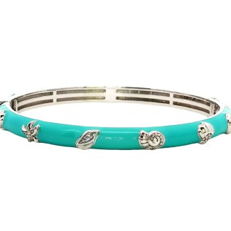 Sterling Silver Belle Toile Seashell Aqua Enamel Bangle Bracelet