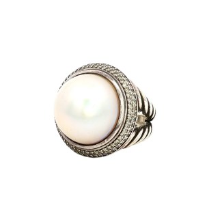 Designer Estate David Yurman Sterling Silver Pearl and Diamond Ring