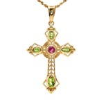 Estate 14k Yellow Gold Peridot and Pink Tourmaline Cross
