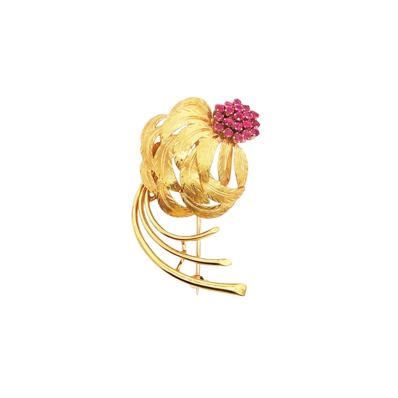 Estate 18k Yellow Gold Feather Ruby Brooch (0.75ctw)