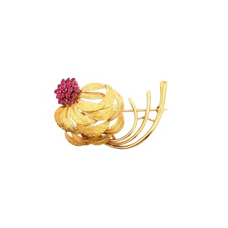 Estate 18k Yellow Gold Feather Ruby Brooch (0.75ctw)